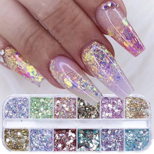 Mirror Iridescent Mixed Hexagon Nail Glitter Sequins Set - 12 Grids Holographic Spangles Flakes Nail Art Powder