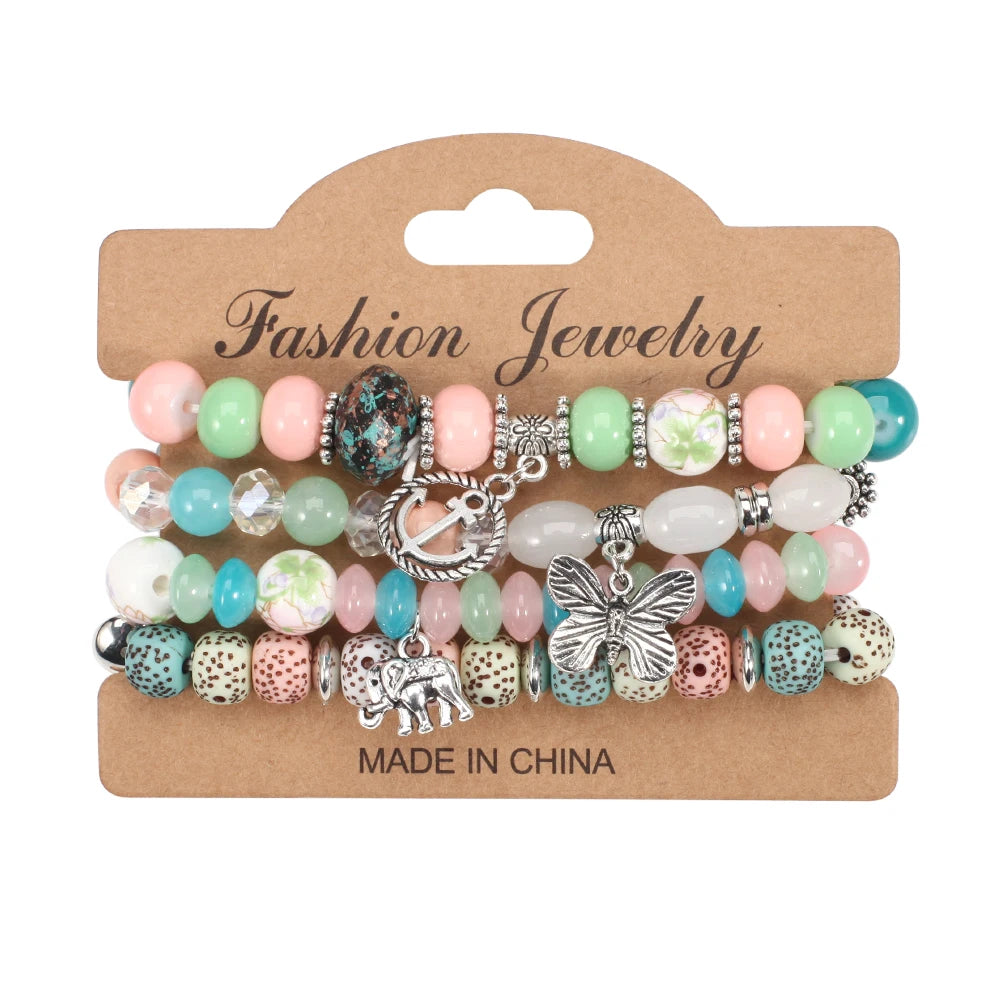 Bohemian Bracelets Set for Women - Stackable Butterfly Elephant Anchor Pendant Beads Bracelet Collection