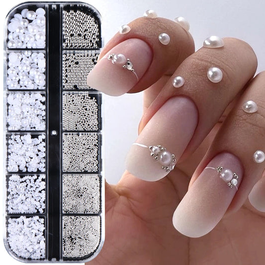 12-Grid White Pearl Nail Charms Set - Caviar Beads & Half Pearls for DIY Manicure Art