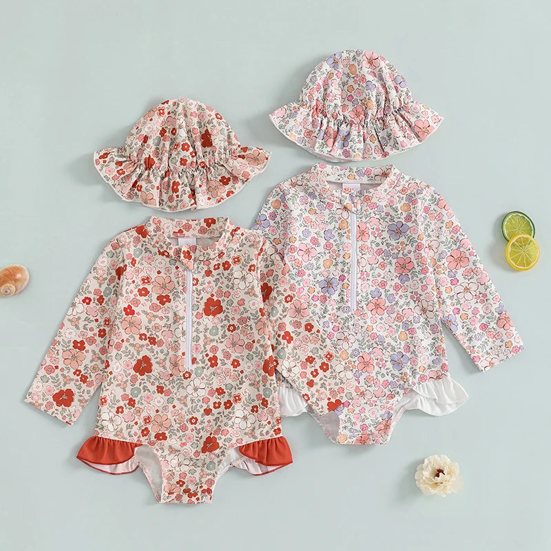 Baby Girl Floral Swimsuit - Backless Ruffled Long Sleeve Bodysuit (0-4 Years)