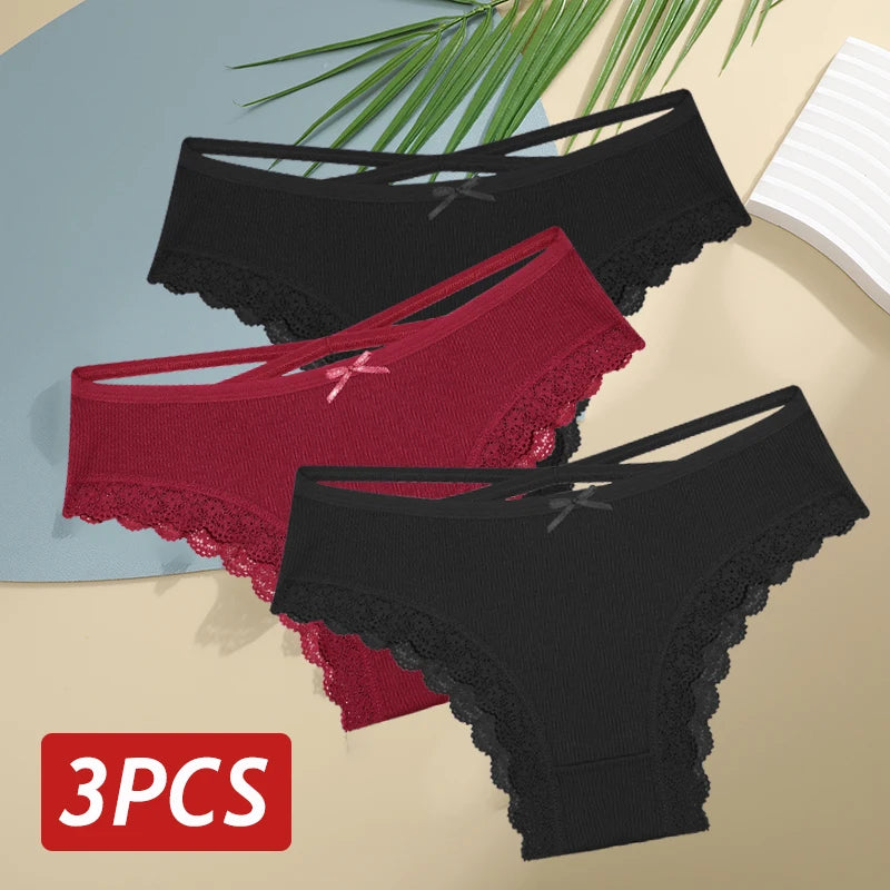 3PCS Women's Cotton Panties Set - Low Rise Lace Brazilian Bikini Underwear with Bow Detail (S-XL)