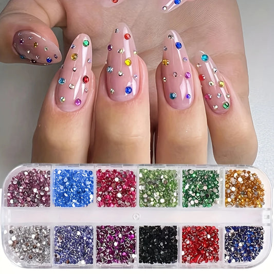 12-Grid Shimmering Crystal Nail Art Rhinestones - Multi-Use Flatback Gemstones for Nails, Shoes & Accessories