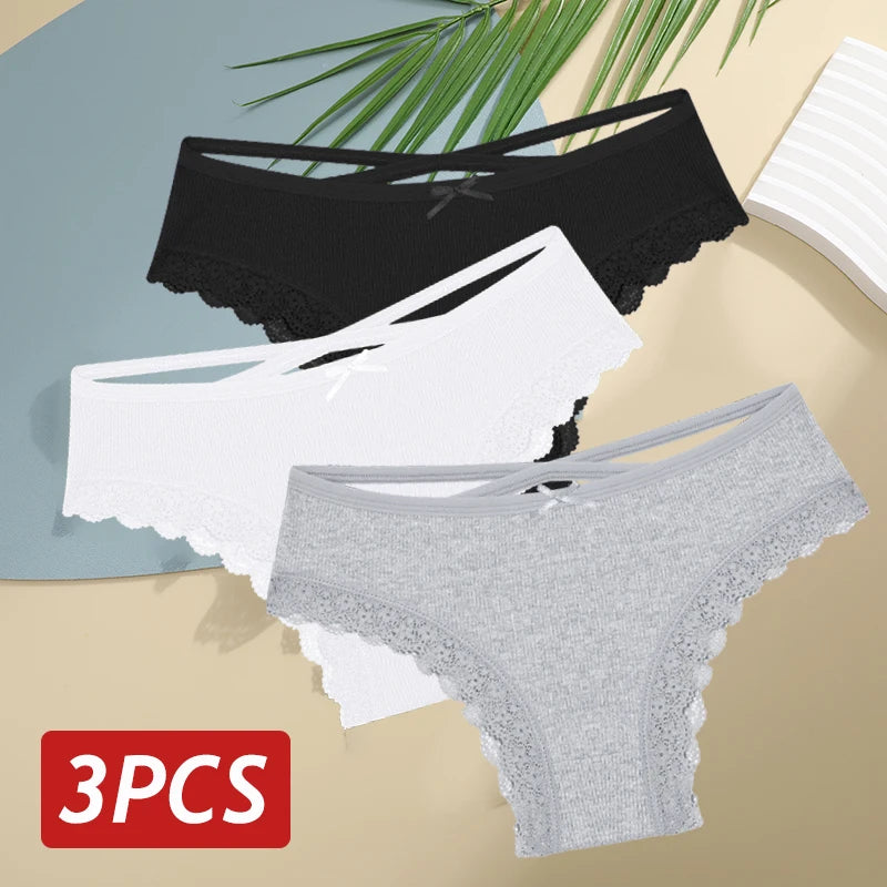 3PCS Women's Cotton Panties Set - Low Rise Lace Brazilian Bikini Underwear with Bow Detail (S-XL)