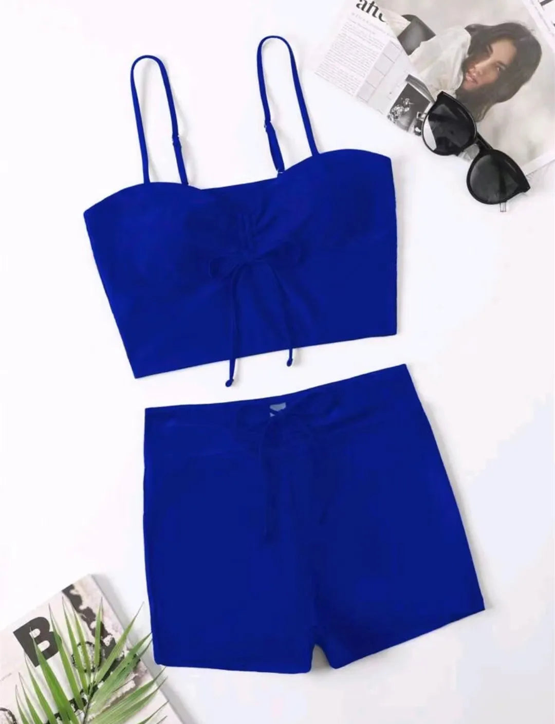 Drawstring Front Shorts Bikinis 2025 High Waist Swimsuit Women Swimwear Two-Piece Set