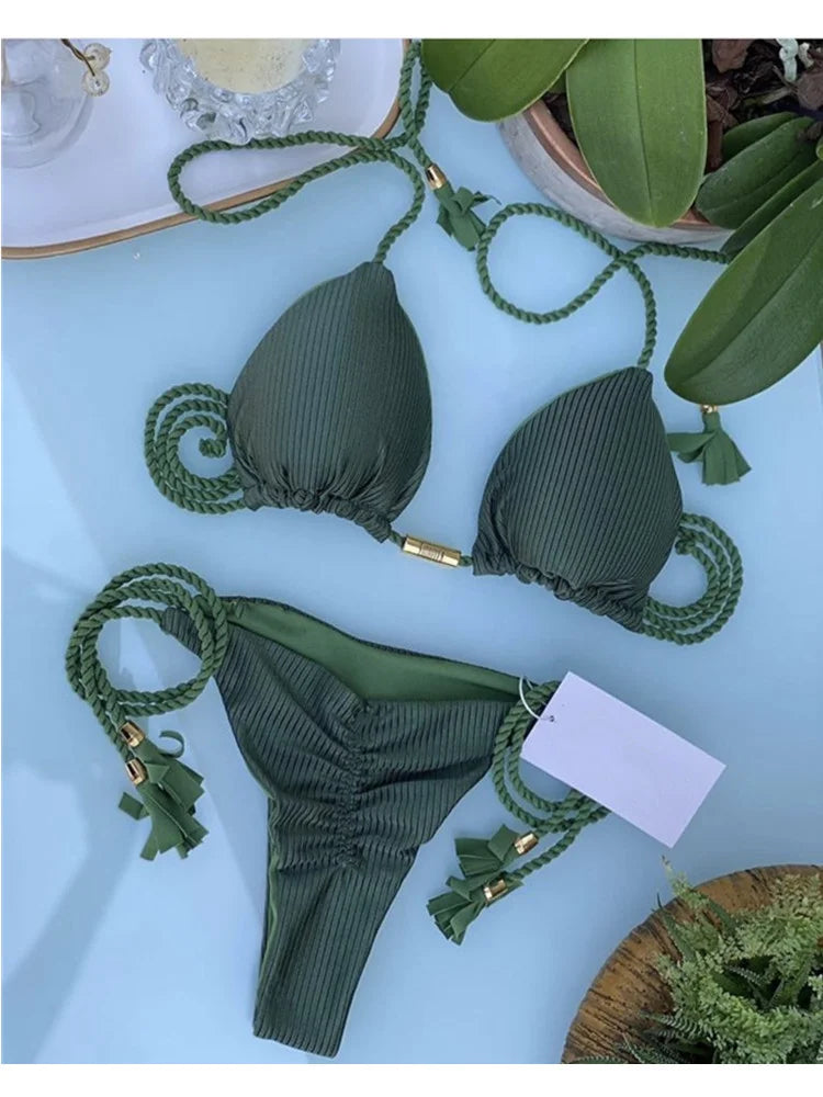 Women's Backless Triangle Bikini Set - Multicolor Rope Tie Swimsuit