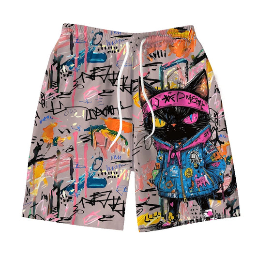 Men's Hawaiian Swimming Trunks - 3D Graffiti Kitten Macaron Print