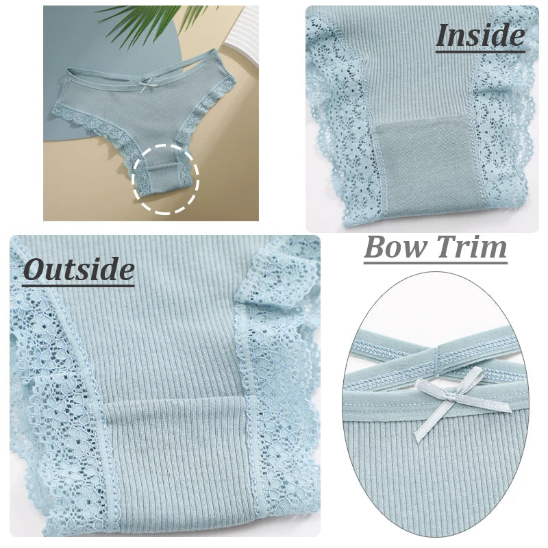 3PCS Women's Cotton Panties Set - Low Rise Lace Brazilian Bikini Underwear with Bow Detail (S-XL)