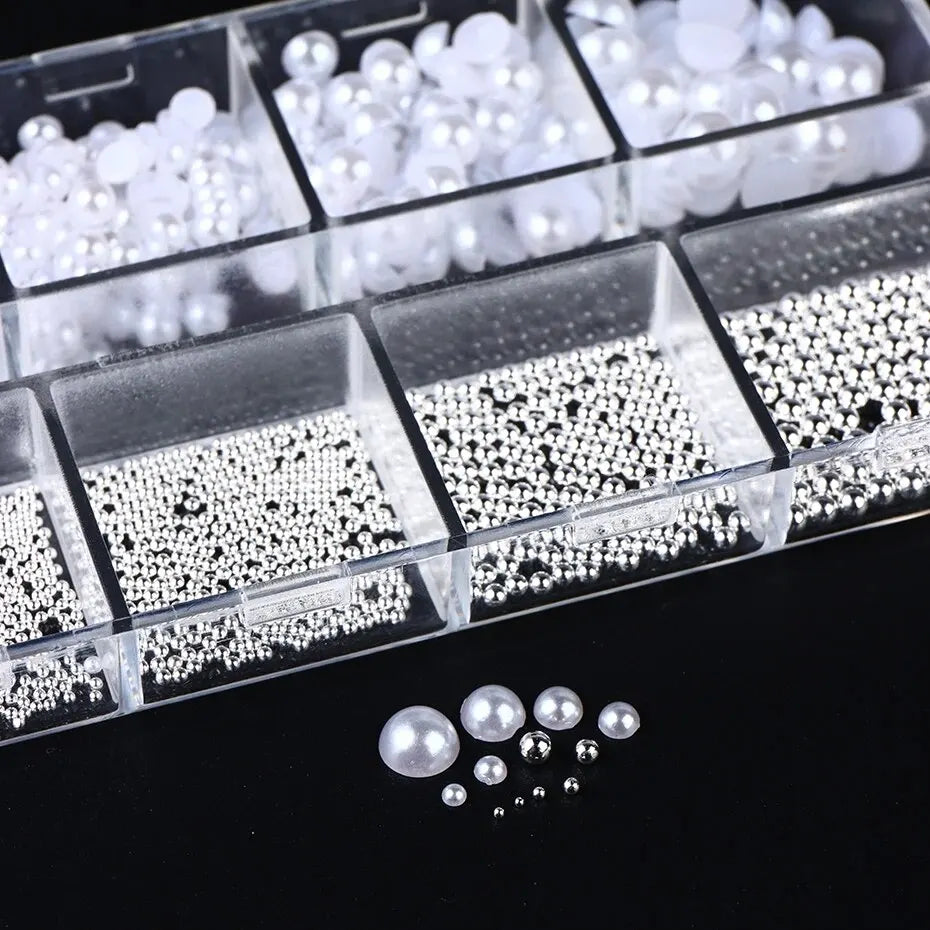 12-Grid White Pearl Nail Charms Set - Caviar Beads & Half Pearls for DIY Manicure Art