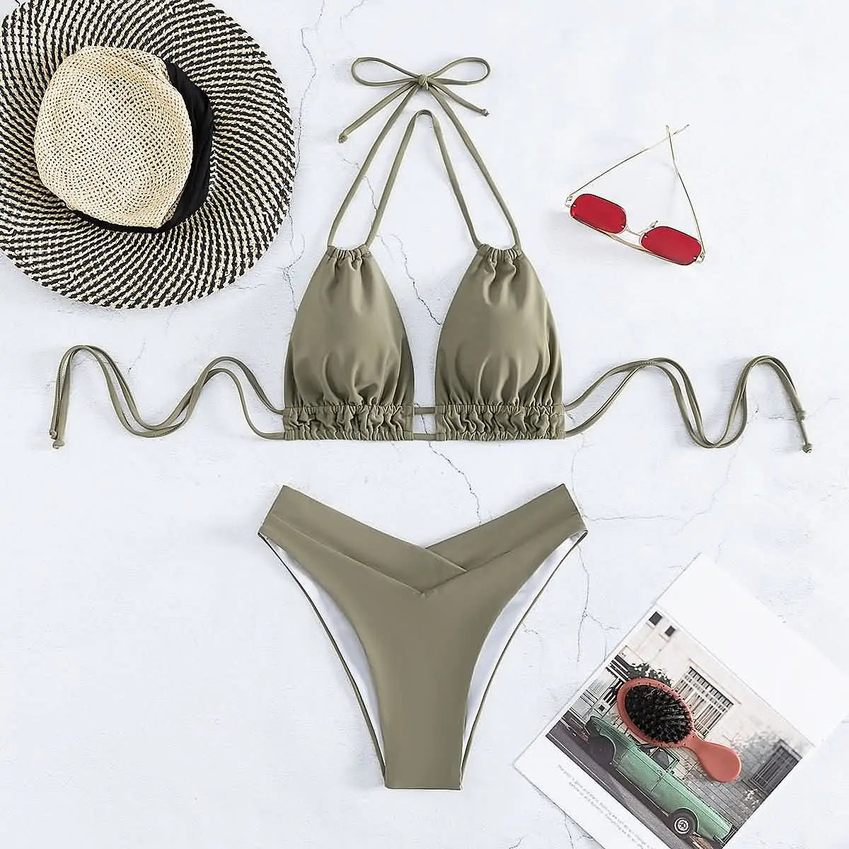 Nylon Solid Bikini Swimwear Sexy Fashion High Waist Two-Piece Swimsuit 2025 New Style