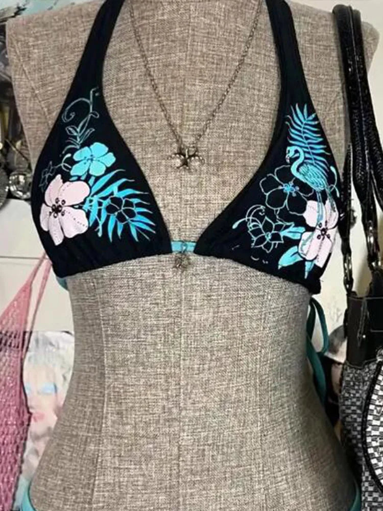 Sexy Floral Print Lace-Up Backless Bikini Set - High Waist Two-Piece Swimsuit (S-L)