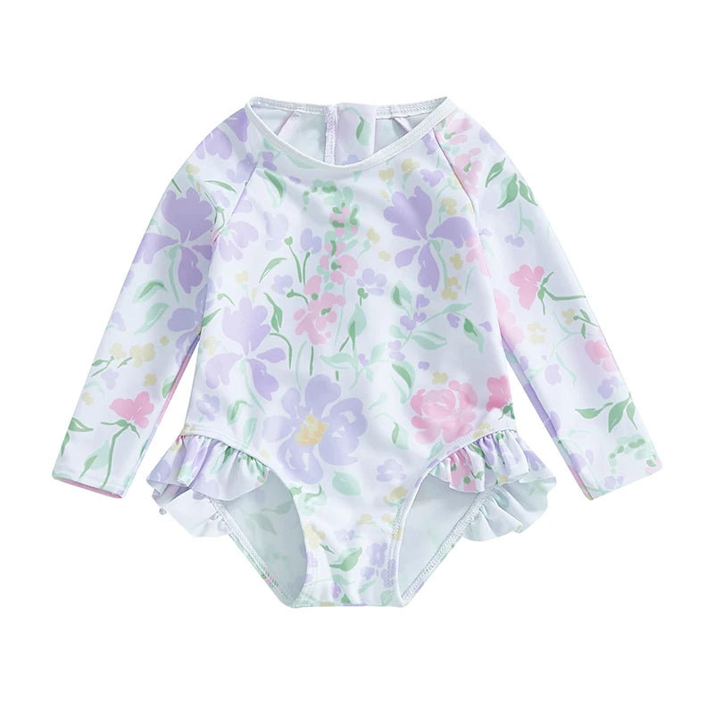 Baby Girl Floral Swimsuit - Backless Ruffled Long Sleeve Bodysuit (0-4 Years)