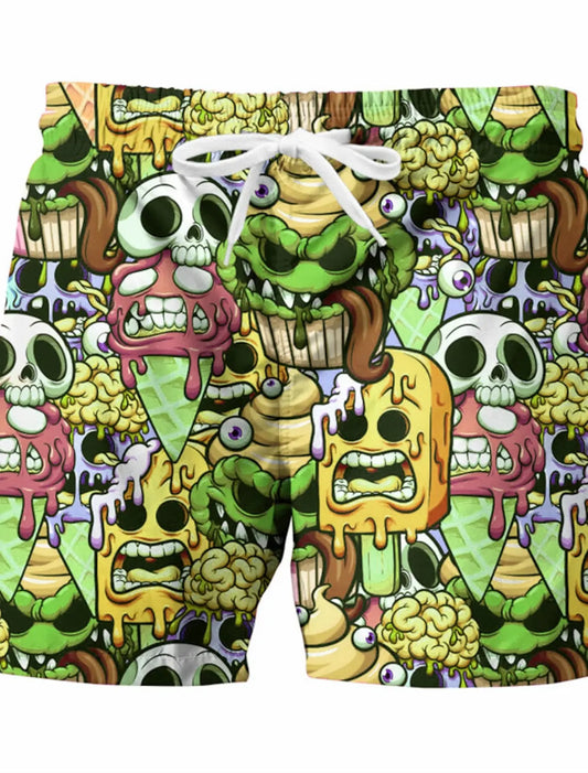 Men's Graphic Skull Swim Trunks - Quick Dry Beach Shorts with Elastic Waist