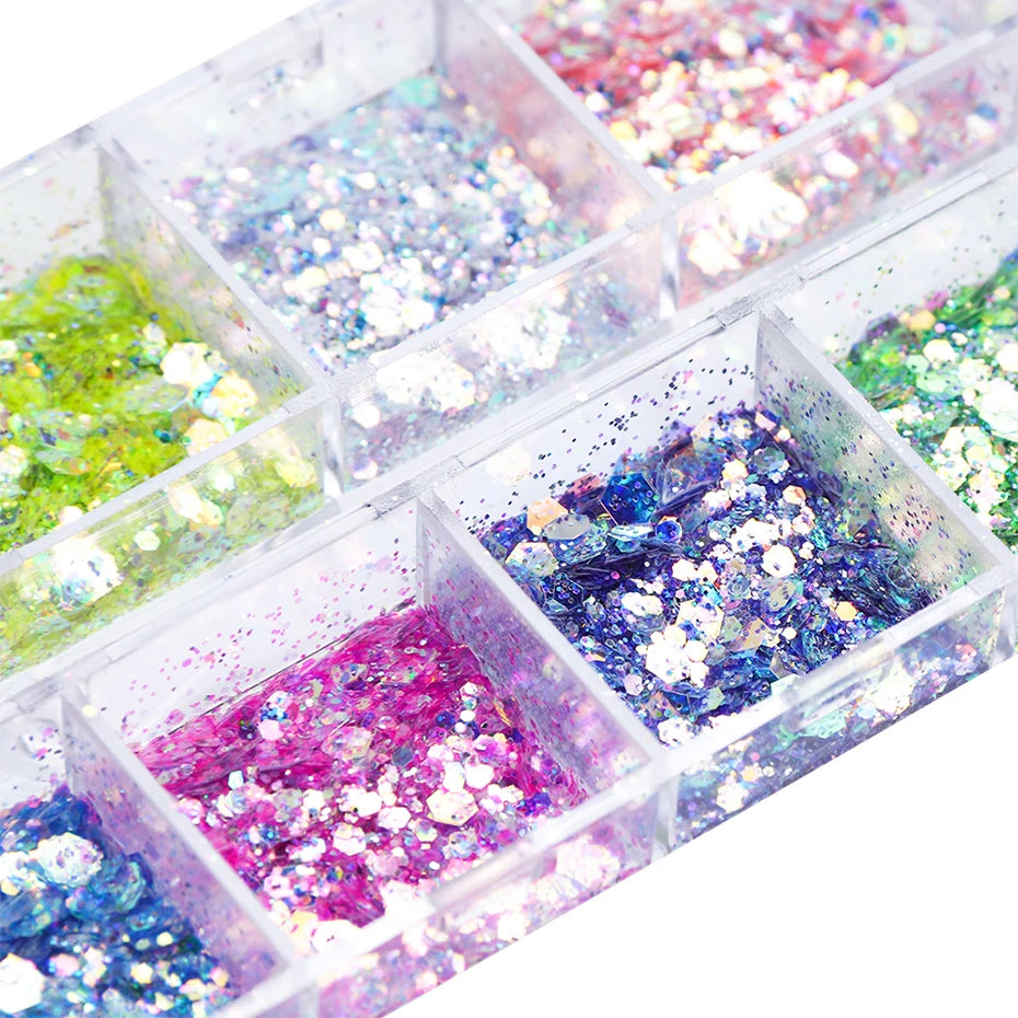 Mirror Iridescent Mixed Hexagon Nail Glitter Sequins Set - 12 Grids Holographic Spangles Flakes Nail Art Powder