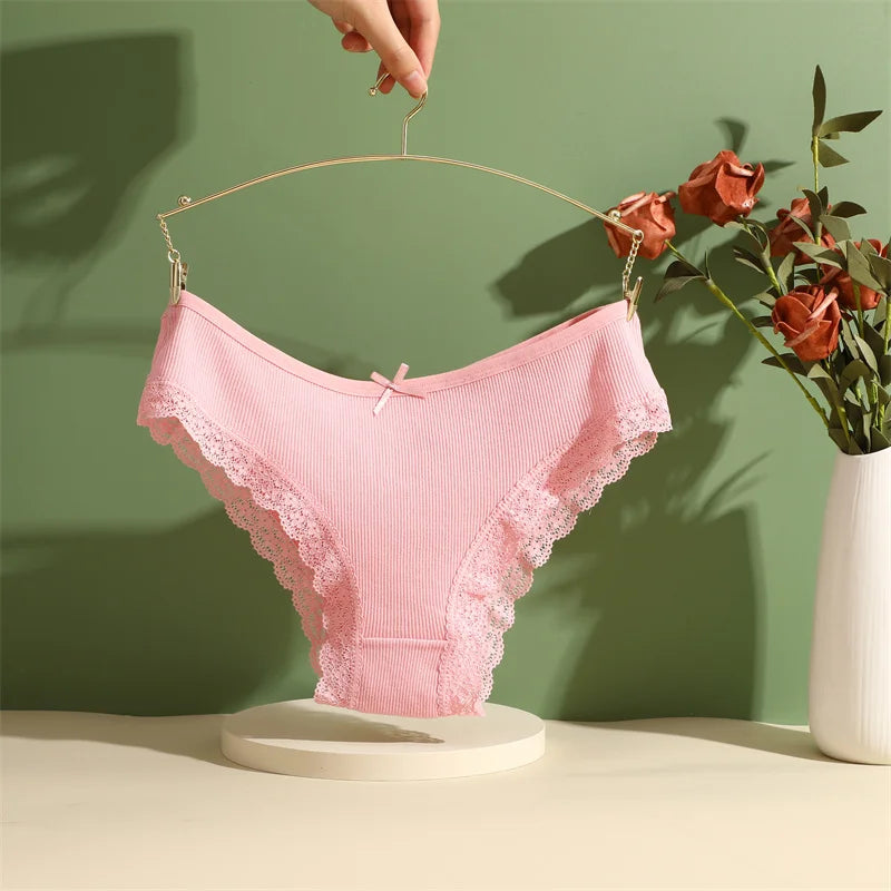 3PCS Women's Cotton Panties Set - Low Rise Lace Brazilian Bikini Underwear with Bow Detail (S-XL)