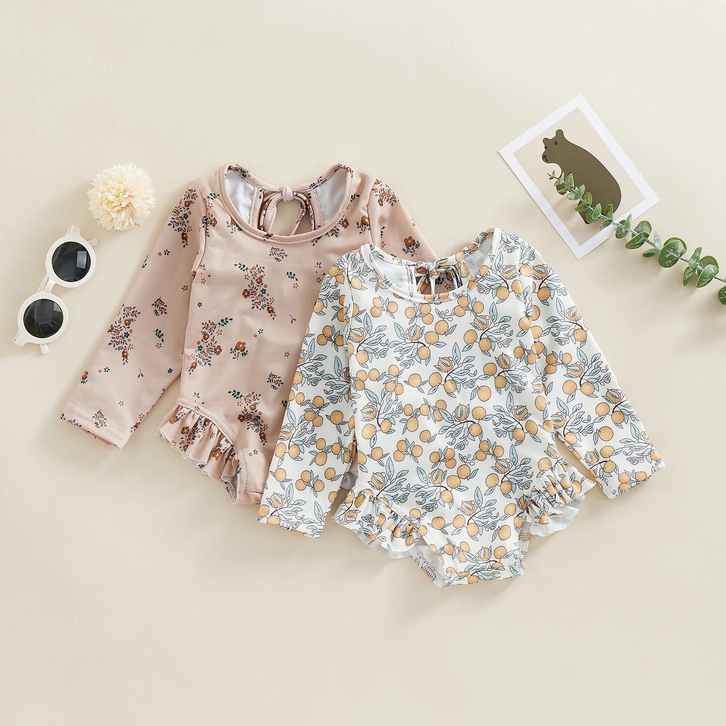 Baby Girl Floral Swimsuit - Backless Ruffled Long Sleeve Bodysuit (0-4 Years)