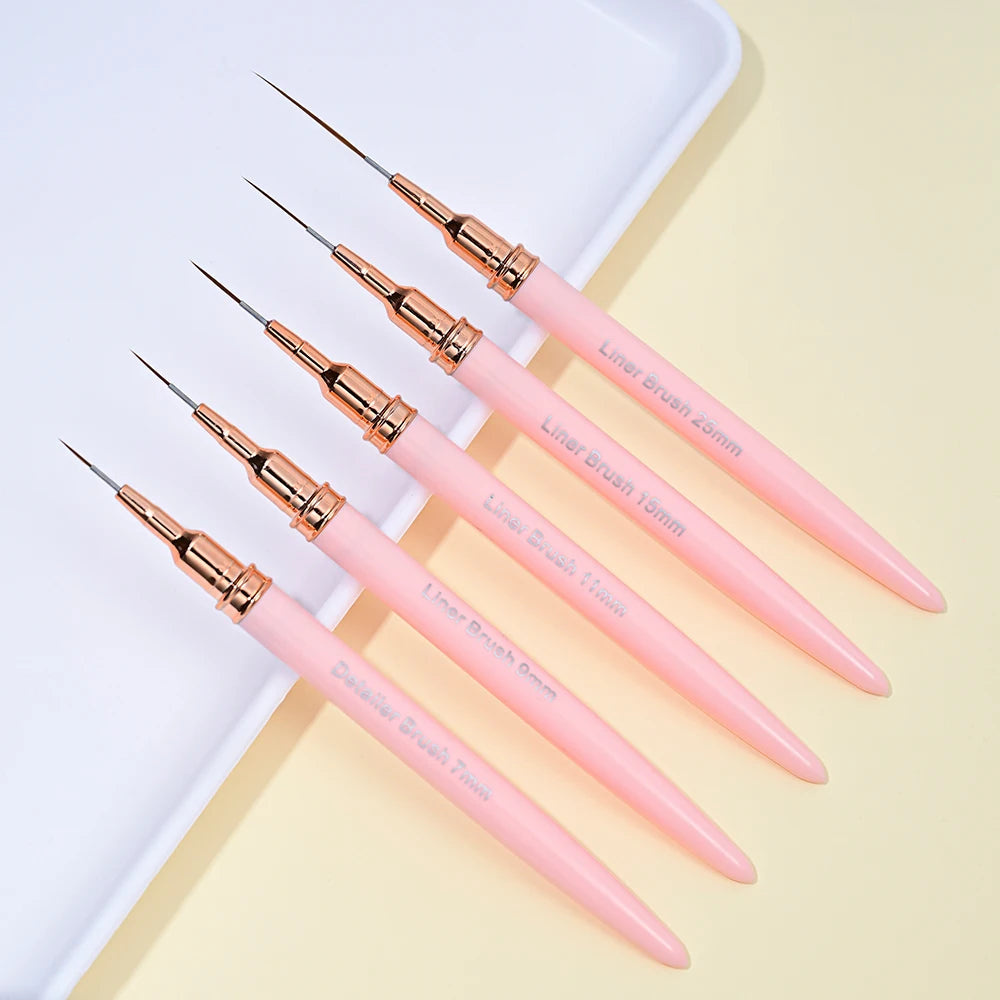 5Pcs Pink French Nail Art Liner Painting Brush Set - Ultra-thin 7/10/12/15/20m Elongated Lines Drawing Pen DIY Manicure