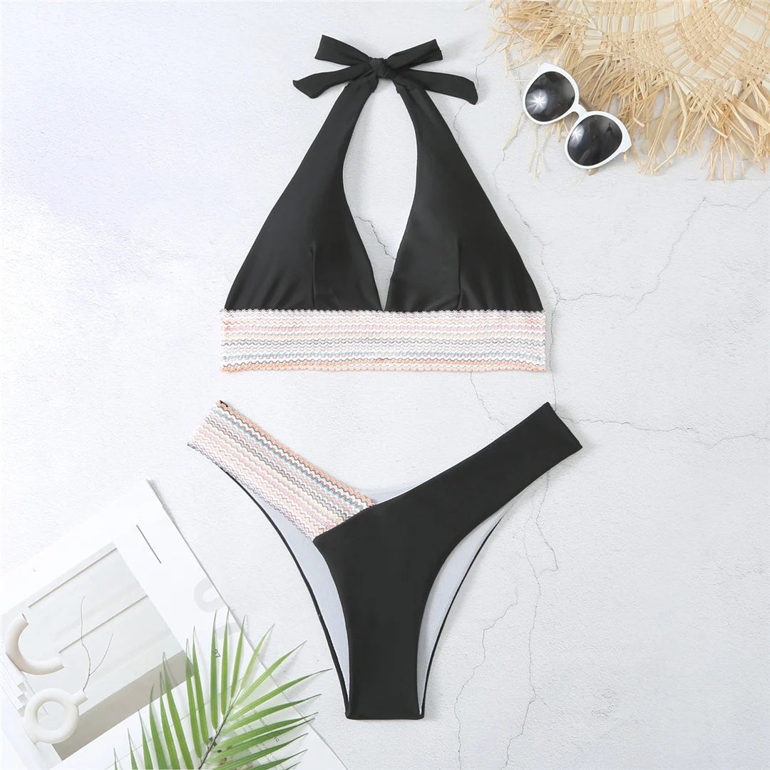 5-Color Splicing Halter V-Neck Bikini Set - Wire-Free Two-Piece Swimsuit (S-XL)