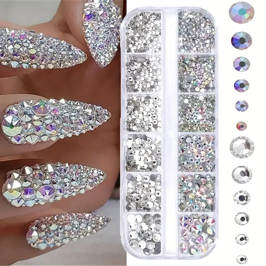 Boxed 3D Flat Back Nail Rhinestones Kit - Glass AB & Clear Crystal Gems DIY Manicure Nail Art Charms