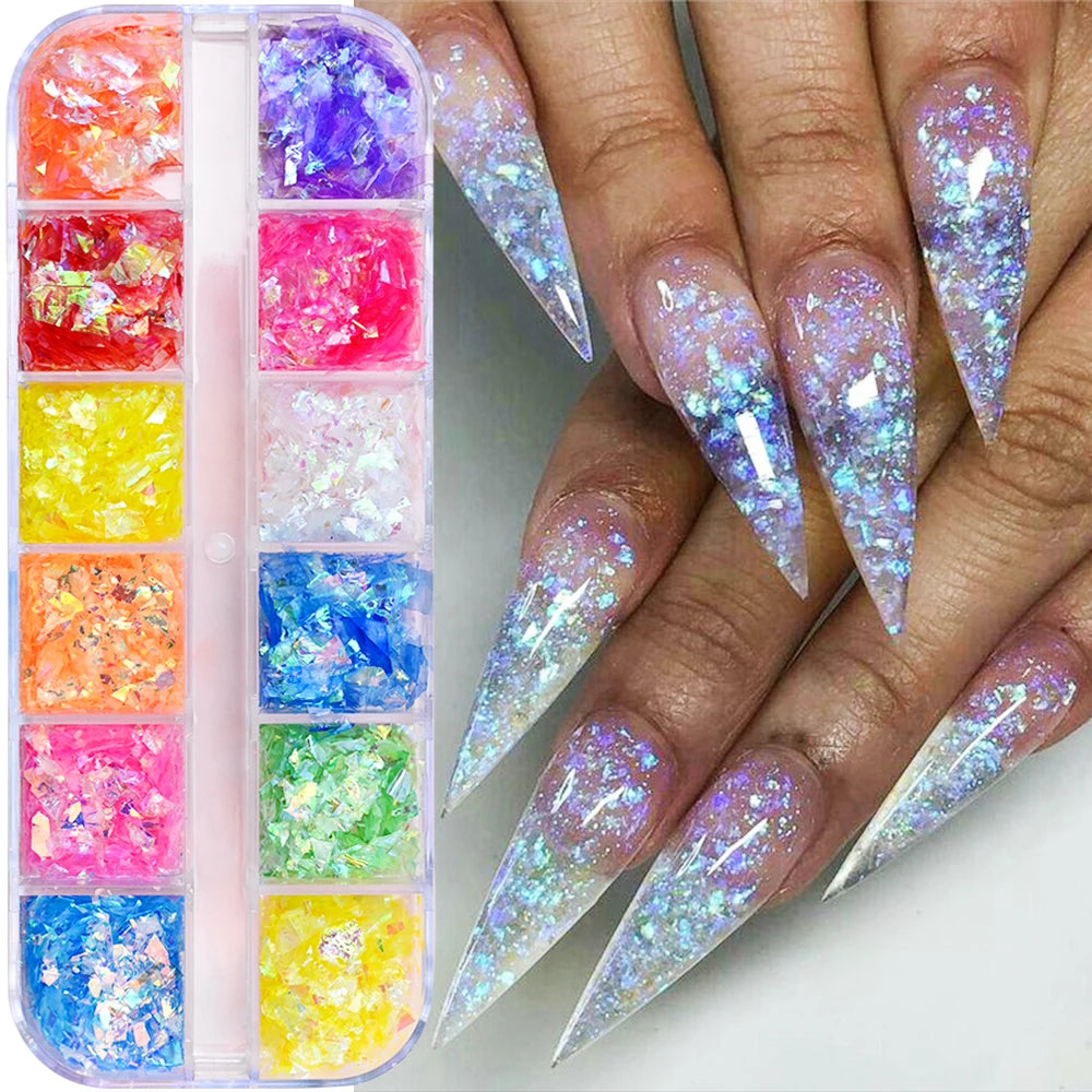 12-Grid Ocean Gold Nail Art Charms Set - Shell, Seahorse & Starfish with White Pearl Gems & Metal Studs