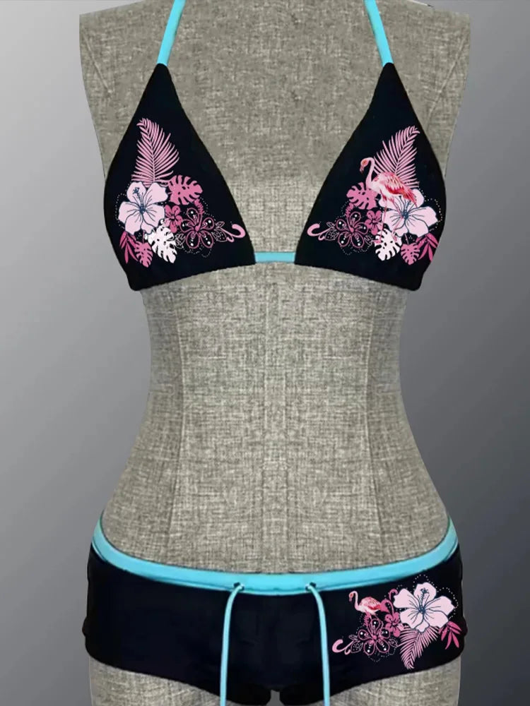 Sexy Floral Print Lace-Up Backless Bikini Set - High Waist Two-Piece Swimsuit (S-L)